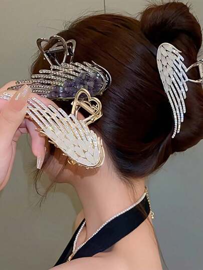 2pcs/1pc Fashion Luxury Metal Rhinestone Angel Wing Hair Claw For Women, Elegant Hair Claw For Updo Hairstyle, Minimalist Style, Suitable For Autumn/Winter, Back To School, Halloween, Christmas, Thanksgiving, Valentine's Day, New Year Gifts Hair Accessories Women Claw Clips Fall Hair Clip For Vacation Outfits Woman