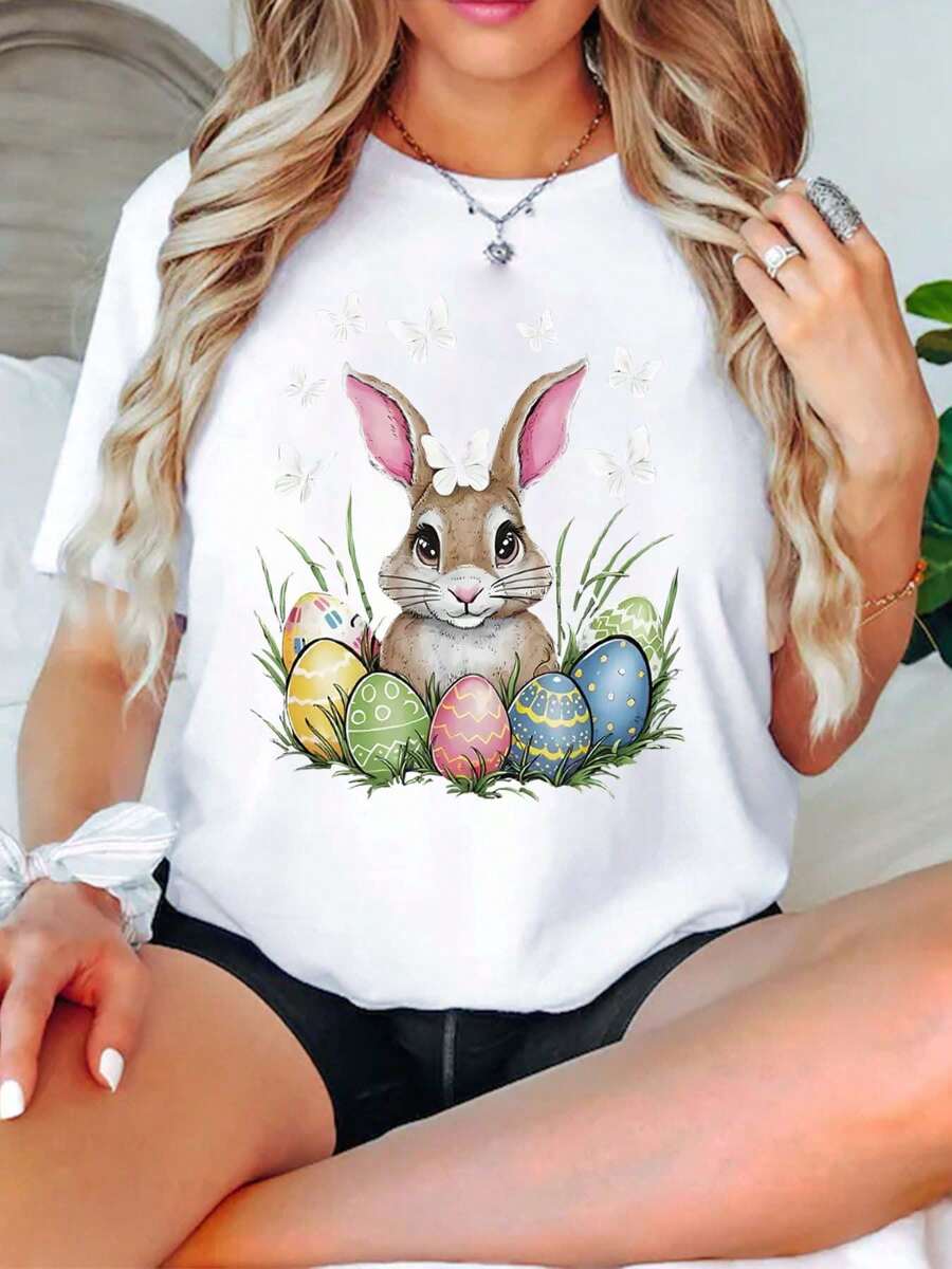Easter Theme Bunny Graphic Print Women's T-Shirt, Women's Fashion, Casual, Comfortable, Soft, Everyday Outdoor Sports, Fitness, Home, Breathable Crew Neck Short Sleeve Top, T-Shirt - 白色 - 查看 1