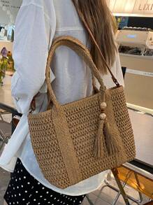 New Fashion Casual Vintage Handmade Woven Tote Bag, Fringe Decor Design, Large Capacity Beach Bag, Versatile Carry All Basket Bag, Unique Small Batch Design, Daily Use - Khaki - View 2
