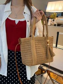 New Fashion Casual Vintage Handmade Woven Tote Bag, Fringe Decor Design, Large Capacity Beach Bag, Versatile Carry All Basket Bag, Unique Small Batch Design, Daily Use - Khaki - View 3