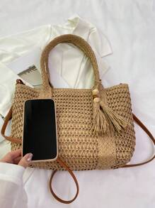 New Fashion Casual Vintage Handmade Woven Tote Bag, Fringe Decor Design, Large Capacity Beach Bag, Versatile Carry All Basket Bag, Unique Small Batch Design, Daily Use - Khaki - View 10