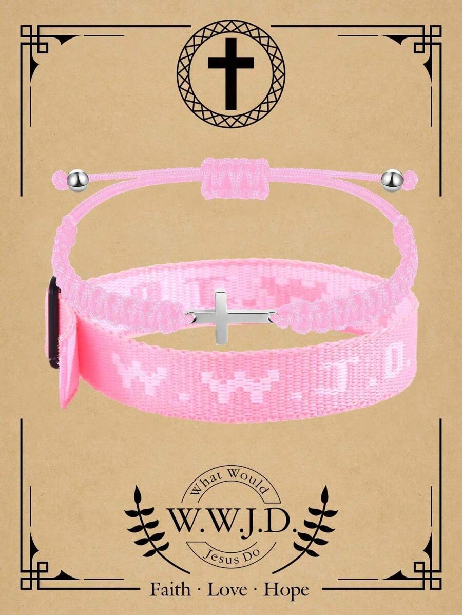 2pcs Wwjd Letter Jacquard Knit Wristband Bracelet & Cross Decor Braided Hand Rope Bracelet Unisex Sports Wristband - Multicolor - View 1