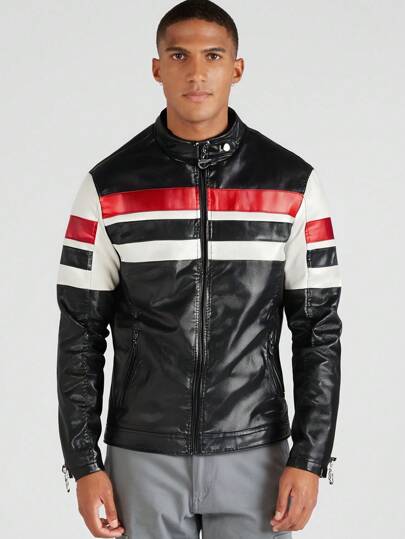 Men's Spring Stand Collar Leather Windbreaker Casual Jacket