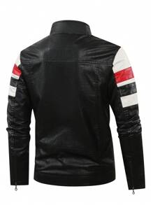 Men's Spring Stand Collar Leather Windbreaker Casual Jacket - Black - View 3