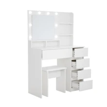 Vanity, Makeup Vanity Desk Set With Mirror & Light, Dressing Table Storage Lots With Power Strip, 3 Lighting Modes With Adjustable Brightness, 37 Inches  (White With Stool)