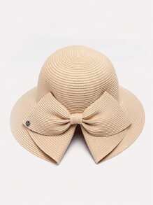 1pc Women Straw Hat With Bowknot & Wide Brim For Spring/Summer Beach Outings, Outdoor New Fashion Sun Protection Hat