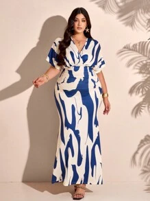 BIUBIU Summer New Fashion Elegant Vacation Style Plus Size V-Neck Ruched Waist Fitted Maxi Dress (Random Floral Pattern) - Blue Apricot - View 3