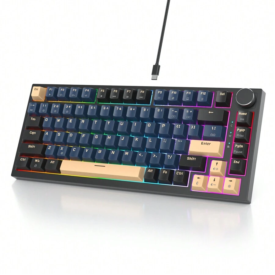 SURMEN Gaming Keyboard 75 Percent, American QWERTY Wired Mechanical RGB Keyboard, 82 Keys, Hot-Swappable, Custom Drivers For Windows