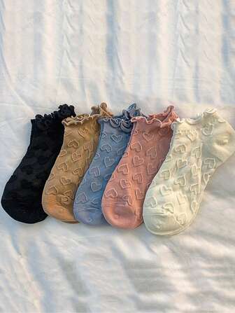 多件装（5 双/7 双/10 双）女士日式纯色可爱蕾丝洛丽塔短袜，适合日常使用，星星和波尔卡圆点图案