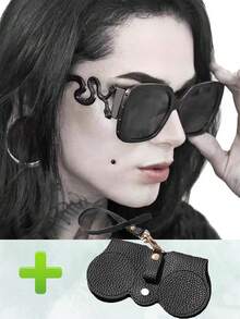 2 件男女通用金属蛇纹时尚眼镜 + 便携式眼镜盒，超大镜框，欧美时尚海滩配饰，情人节/节日礼物 - 彩色 - 查看 1