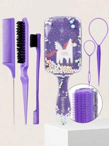1/6pcs Cushion Hair Brush Set, Includes Cute Unicorn Cartoon Comb, Fine Mist Spray Bottle, Flip Tail Styling Tool, Edge Brush, Bristle Brush, For Hair Smoothing, Styling, Cleaning, Salon Use (Black, Pink, Purple) - Multicolor - View 4