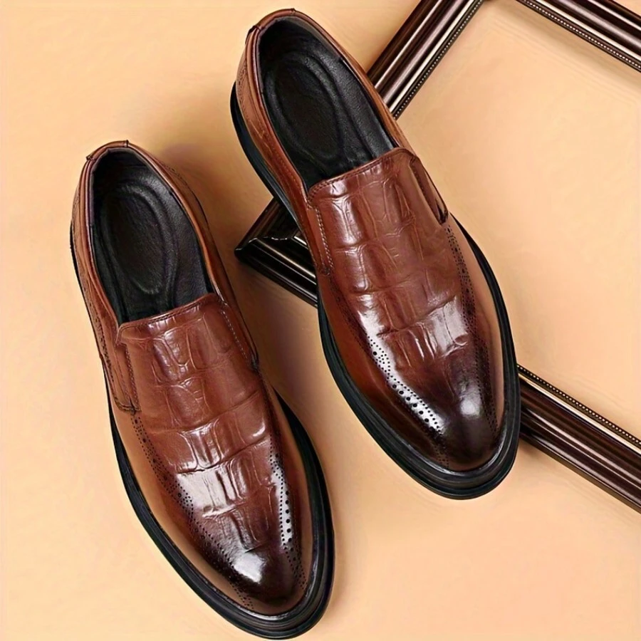 No Shoelace Baroque Men's Shoes British Set Foot Without Lacing Synthesized Brown Brogue Leather Shoes Lazy Loafers