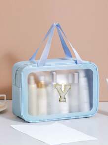 1 szt. Duża pojemność Przezroczysta kosmetyczka podróżna, przenośny, wodoodporny organizer do makijażu, wielofunkcyjna, konfigurowalna torba na kosmetyki z monogramem z 26 złotymi literami na krawędzi, niezbędny organizer do makijażu na rejs, niezbędne akcesoria plażowe - Niebieski - Zobacz 30