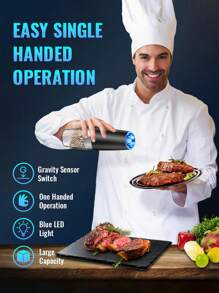 Electric Salt And Pepper Grinder Set Automatic Salt And Pepper Grinder Set With LED Light, Battery Operated, Adjustable Coarseness, Large Capacity, For Home Kitchen BBQ Single-Handed Automatic Operation Stainless Steel - Black - View 4