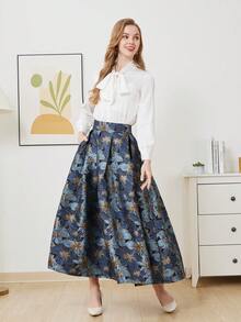Elegant Jacquard Bowknot Blouse & Skirt Party 2pcs Set