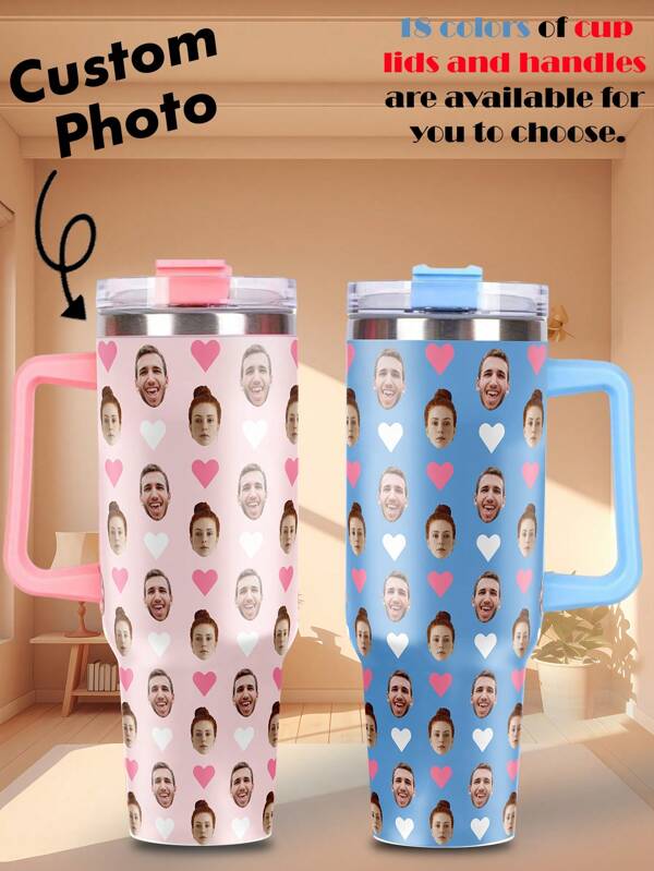 1pc 40oz Custom Photo And Pattern Stainless Steel Tumbler, Designed In A Romantic Style, Featuring A 304 Inner Container, Is Perfect For Personalizing With Your Favorite Photo And A Chosen Romantic Pattern. This Tumbler Is Ideal For Occasions Like Valentine's Day, Anniversaries, Or As A Heartfelt Gift For Couples, Friends, And Loved Ones., Multi-Functional, Ornamental, Custom, Tea Room, Home, Garden, Office, For Anniversaries, For Valentine's Day, For Housewarming, Home Refresh, Customized Cups