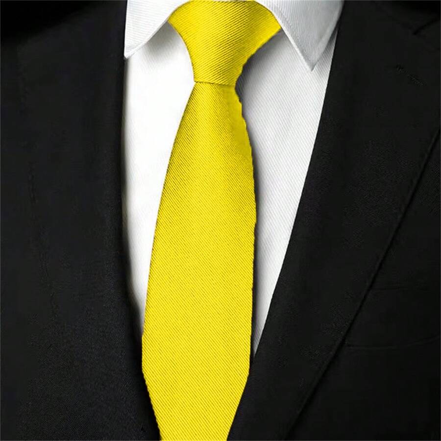 Slim Plain Twill Social Tie With Fine Lines - 黃色 - 查看 1