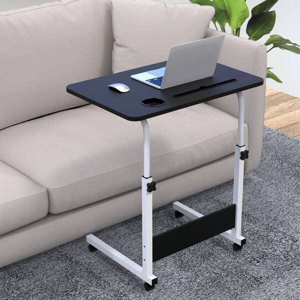 Bettcouch Rolltisch für Computer, Tragbarer Beistelltisch 60 x 40cm mit verstellbarer Höhe 69-85cm, Leicht zu bewegen mit Rollen für Wohnzimmer, Büro und Schlafzimmer, Mehrzweck mit Schlitz für Tablet + Becherhalter, Schwarz / Weiß / Eiche