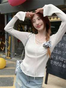 Women's Knit Sweater With Side Slit Cuff Design, Lightweight, Versatile, Tie-Front, Summer