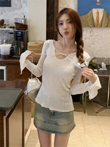 Women's Knit Sweater With Side Slit Cuff Design, Lightweight, Versatile, Tie-Front, Summer