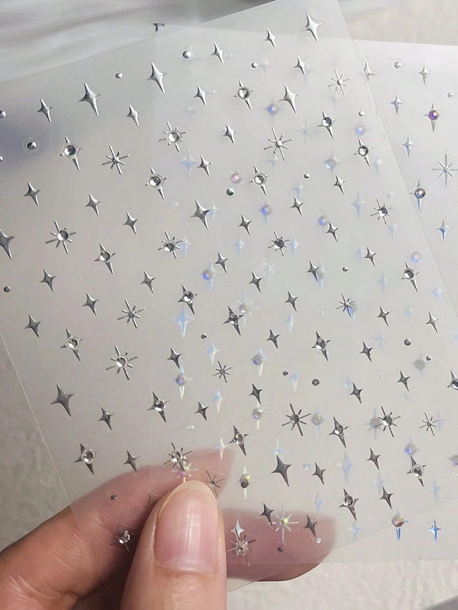 1pc 5D With Rhinestones Star Nail Art Stickers Luxury Laser Silver Self Adhesive Cute Manicure Decals Decorations Accessories