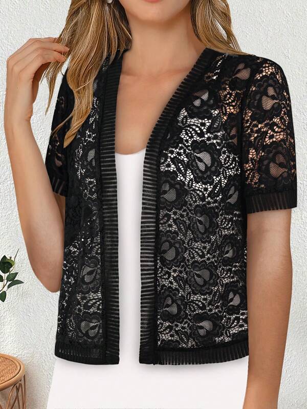 Yukiwi Women's Summer Solid Color Lace Patchwork Casual Open Front Short Sleeve Coat For Holiday Party Clothes