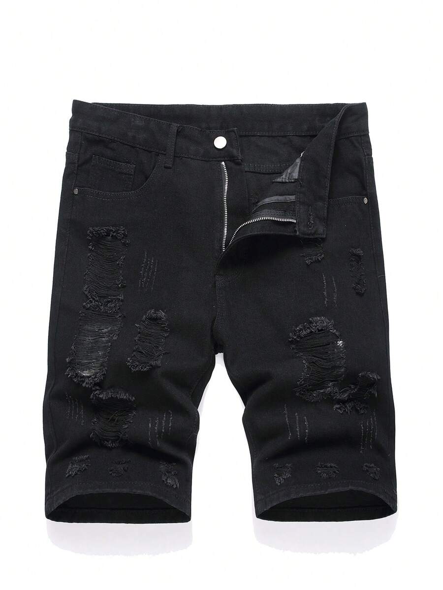 Ripped Men's Slim Fit Straight Leg Denim Mid Shorts Jorts, Emo Style - Black - View 1