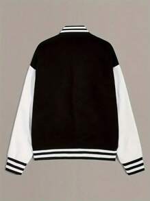 Women's Black & White Contrast Color Baseball Jacket, Letter Embroidery Accent, American Style - Black - View 4