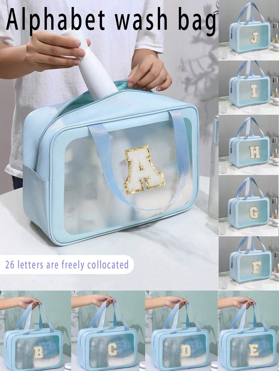 1 szt. Duża pojemność Przezroczysta kosmetyczka podróżna, przenośny, wodoodporny organizer do makijażu, wielofunkcyjna, konfigurowalna torba na kosmetyki z monogramem z 26 złotymi literami na krawędzi, niezbędny organizer do makijażu na rejs, niezbędne akcesoria plażowe