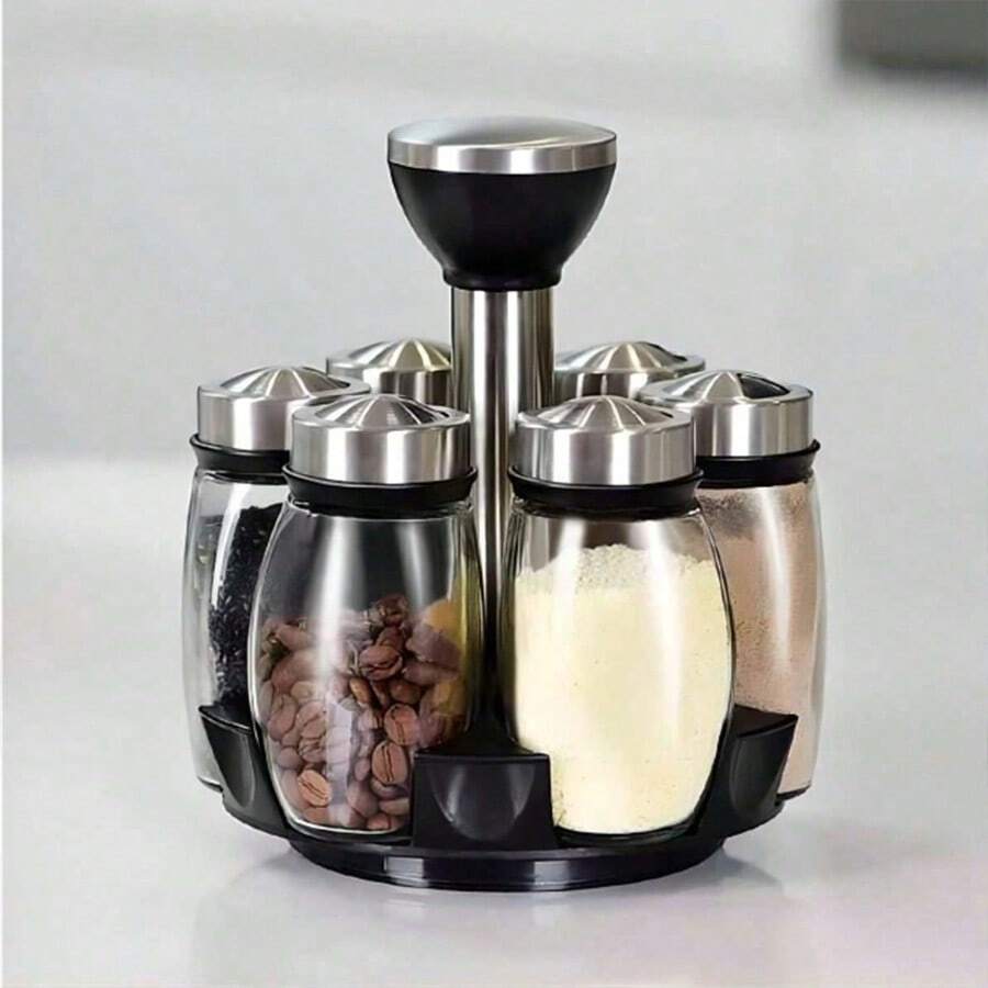 Rotating Spice Rack With 6 Cans, Rotating Spice Storage Box, Glass Spice Box, Multifunctional Rotating Storage Box For Home, Halloween, Fall Decoration, Halloween, Christmas Party Supplies!