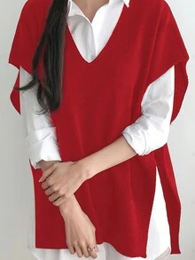 大码女式套头毛衣，休闲舒适V领无袖针织上衣 - 紅色 - 查看 5