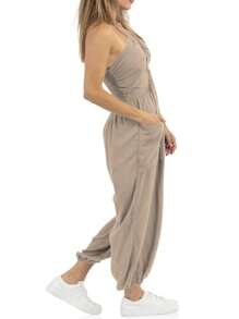 Women's Casual Halter Jumpsuit With Deep V Neck Jogger Long Pants For Beach Or Everyday Wear - Màu Khaki - Xem 2