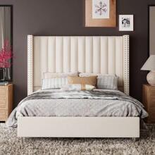 Upholstered Platform Bed Frame With Tall Wingback Headboard, Velvet Vertical Channel Tufting, No Box Spring Needed, Easy Assembly - 奶油 - 查看 4