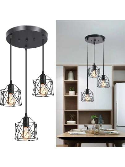 Lámpara colgante de 3 luces, lámpara colgante ajustable de granja con jaula de metal, moderna iluminación colgante negra para comedor y cocina, enchufes estándar E26 (sin bombilla)