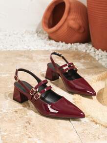 Novos sapatos pretos de bico fino, Salto alto Mary Jane, Sandálias de salto grosso de bico fechado, Sapatos de damas de costas abertas na moda, Primavera/Verão, Adequados para viagens e eventos formais - Vinho - Visão 7