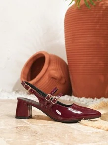 Novos sapatos pretos de bico fino, Salto alto Mary Jane, Sandálias de salto grosso de bico fechado, Sapatos de damas de costas abertas na moda, Primavera/Verão, Adequados para viagens e eventos formais - Vinho - Visão 6