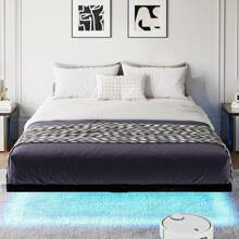 Floating Bed Frame With LED Light, LED Metal Platform Bed Frame With Heavy Duty Steel Slats, No Box Spring Needed, Easy To Assemble, Full/ Queen/ King, Black ( USB LED Strip)