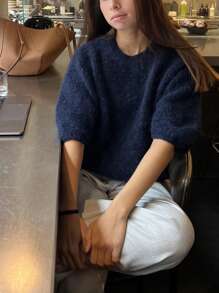 Women's Spring Autumn Knit Sweaters Half Sleeve O Neck Solid Color Casual Knitwear - Navy Blue - View 6