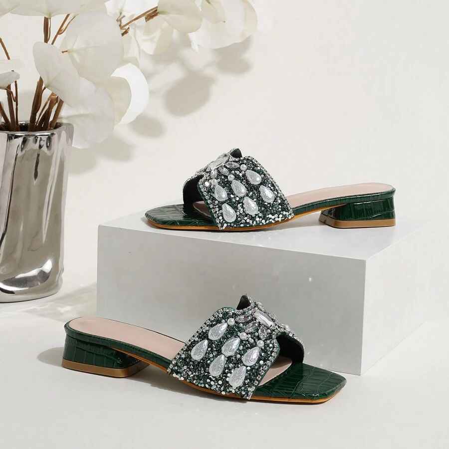 Fashionable New Women's Sandals, Strap Wide Toe Faux Pearl & Rhinestone Decor, Sexy Open Toe, Versatile Casual Low Heel Sandals For Summer - Green - View 1