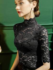 Nuova blusa estiva da donna con collo alla coreana, manica a 3/4 e orlo in pizzo, aderente