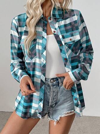 格子印花翻领纽扣前口袋长袖衬衫