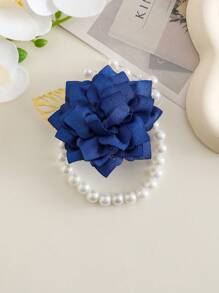 1pc Chest Flower + 1pc Wrist Flower Unisex Set, Navy Blue Camellia With Gold Leaves & Beads Decor, Groom Groomsmen Boutonniere, Bridesmaid Corsage, For Wedding, Party, Daily Wear, Ball Dance Bracelet