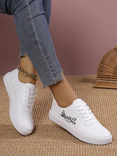 Vita Sneakers för kvinnor, Canvas Casual Sportiga Skor med tjocka sulor, Halksäker Plattform, Läder Ovandel, Student Style