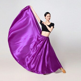 1PC Soft Purple Ladies 95cm Satin Maxi Midi Skirt Long Dress Elastic Waist For Belly Dance Princess Party Cosplay Dancing Skirt