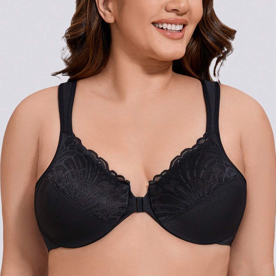 MELENECA MELENECA Front Closure Bras For Women Plus Size Underwire Unlined Lace Cup Cushion Strap