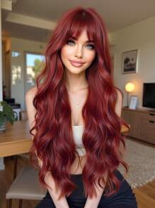 红木长卷发 28 英寸合成假发带刘海女士红色假发耐热自然中分角色扮演派对洛丽塔婚礼假发万圣节 - 紅木色 - 查看 3