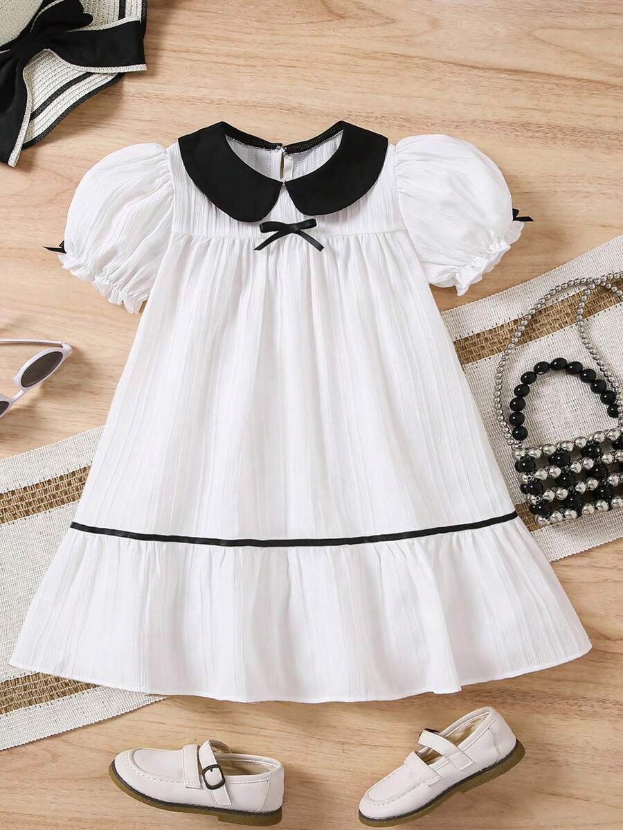 女童时尚拼色领灯笼袖宽松娃娃裙，简约优雅