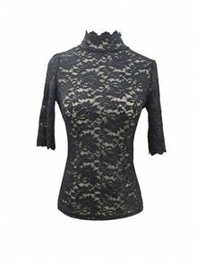 Nuova blusa estiva da donna con collo alla coreana, manica a 3/4 e orlo in pizzo, aderente