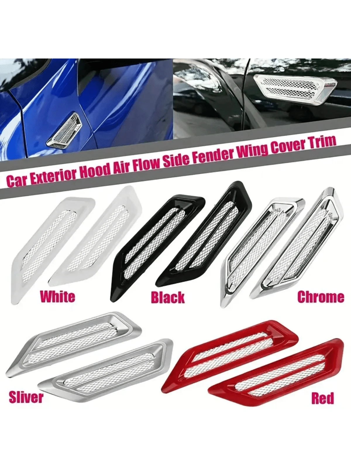 زوج واحد من ملصقات ديكور غطاء محرك السيارة القابل للتعديل لتدفق الهواء وفتحة التهوية الجانبية - ديكور ثلاثي الأبعاد من مادة ABS لخياشيم القرش لهيكل السيارة | مقاس: فضة