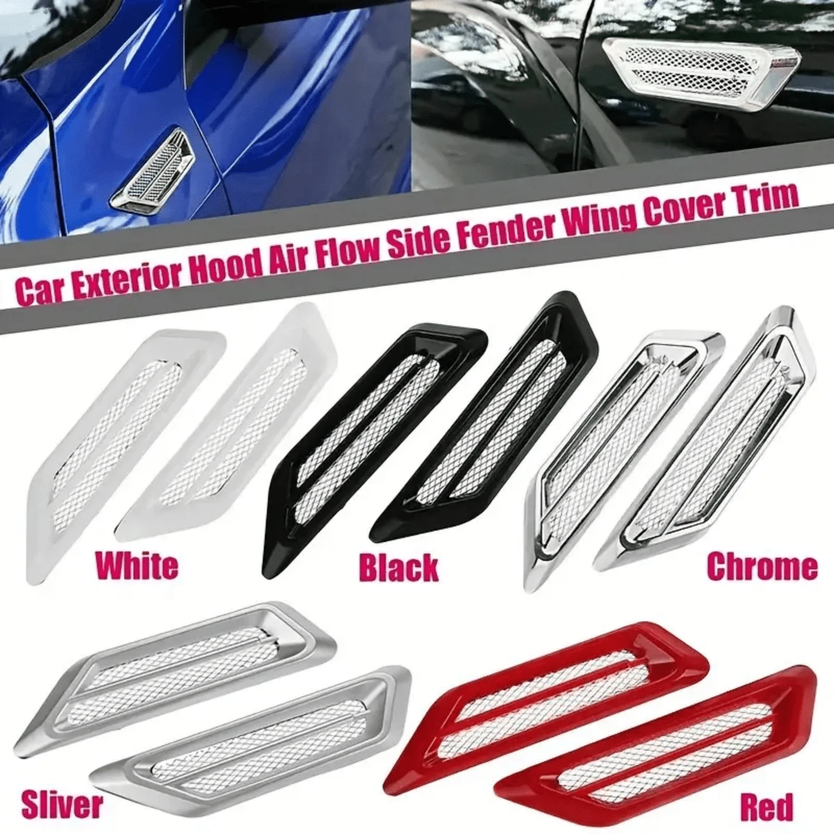 1 Pair Adjustable Car Engine Cover Air Flow Side Vent Wing Decor Sticker - 3D ABS Shark Gill Decor For Automotive Body